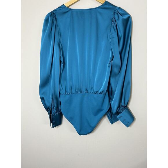 Sergio Hudson Teal Crossover Satin Bodysuit Womens Long Sleeve Blouse Sz XS - Picture 8 of 10